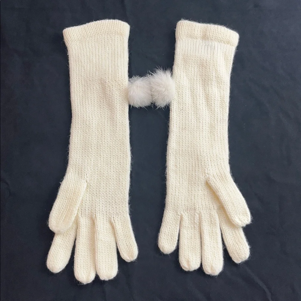 Steve Madden Cream Knit Gloves with Pom Poms